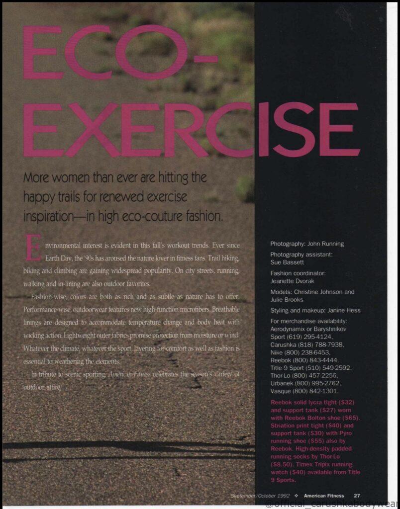 Sept./October 1992 American Fitness article Eco-Excercise featuring a a young Charlize Theron wearing Carushka Bodywear. 
