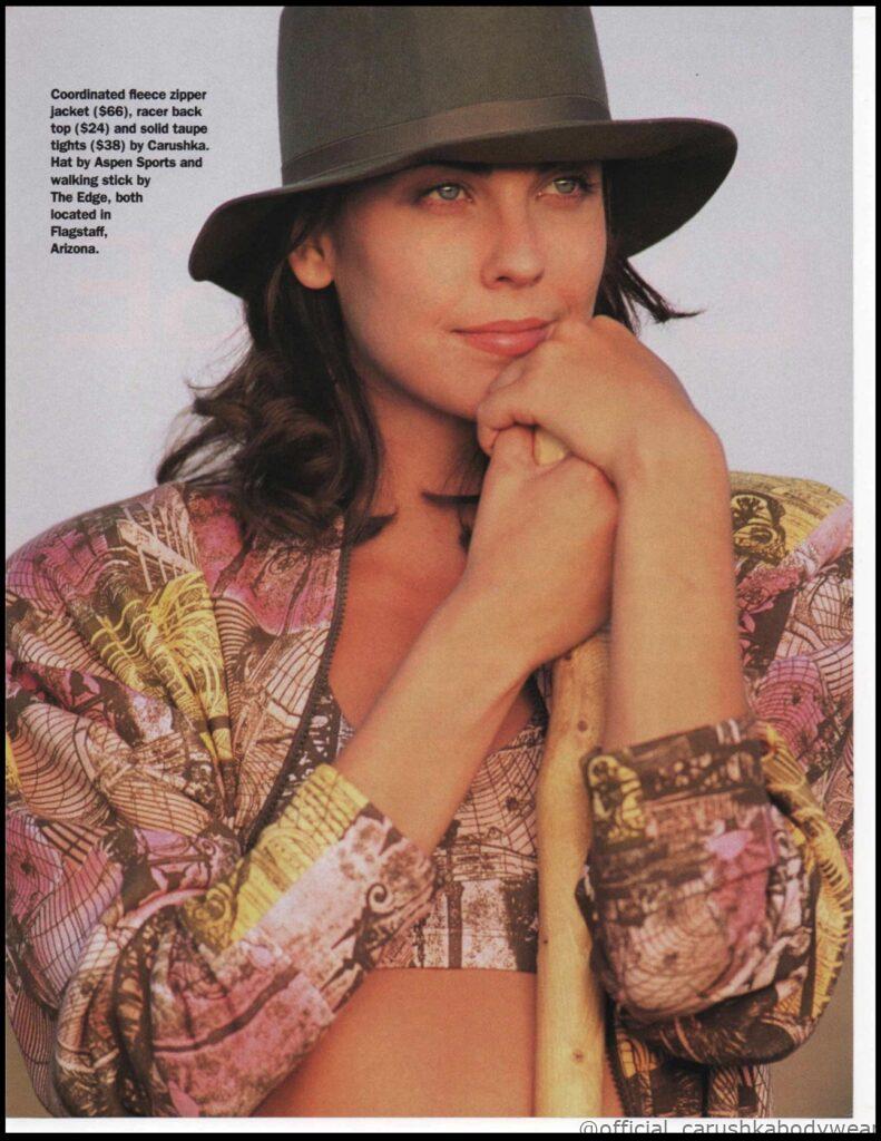 Sept./October 1992 American Fitness article Eco-Excercise featuring a a young Charlize Theron wearing Carushka Bodywear. 