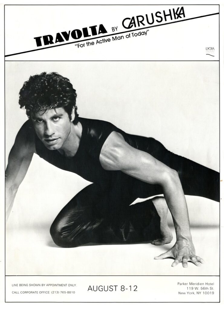 A vintage 1980s promotional advertisement for 'Travoltawear,' the collaborative bodywear line designed by Carushka Jarecka for John Travolta following the success of Saturday Night Fever.