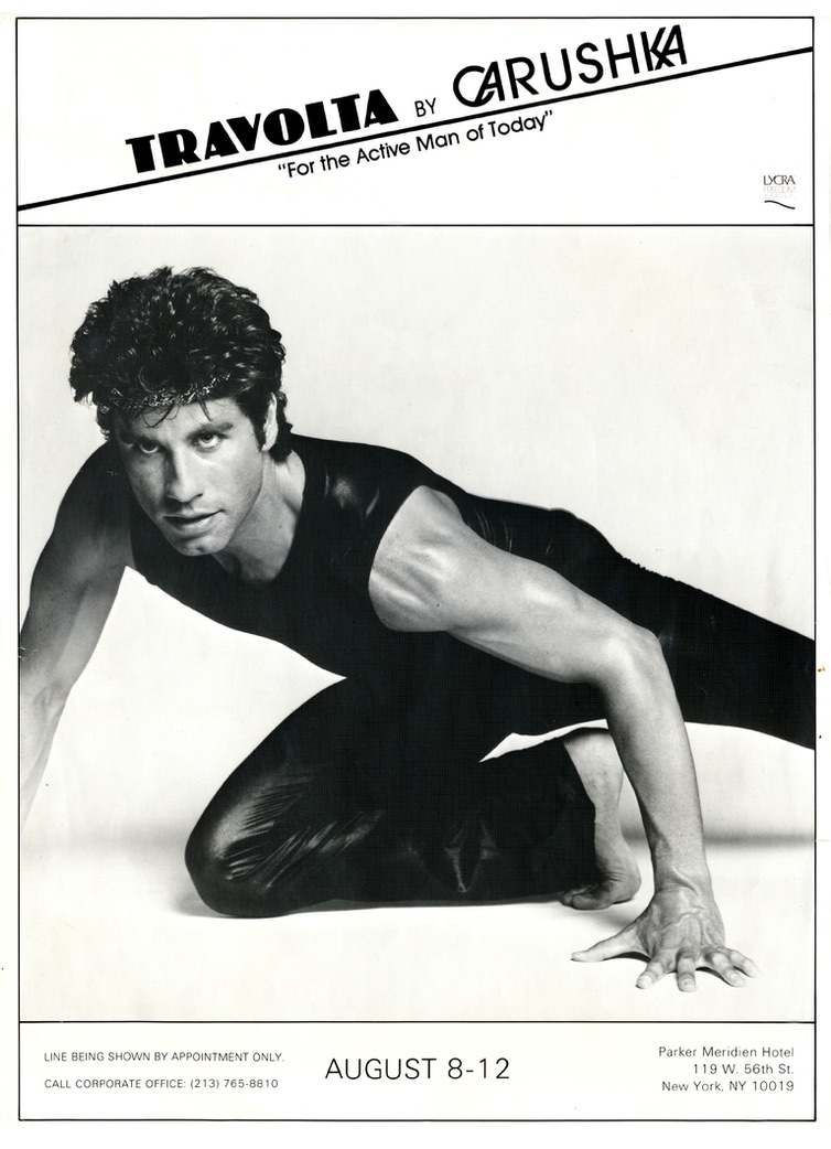 A vintage 1983 promotional advertisement for 'Travoltawear,' a successful collaborative line designed by Carushka H. Jarecka for John Travolta, bridging the worlds of Hollywood stardom and high-performance bodywear.