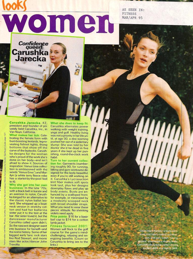 Fitness Magazine March/April 1995 feature article on designer Carushka Jarecka, highlighting her 'Architect of Movement' philosophy and the 1990s evolution of high-performance bodywear and dancewear.
