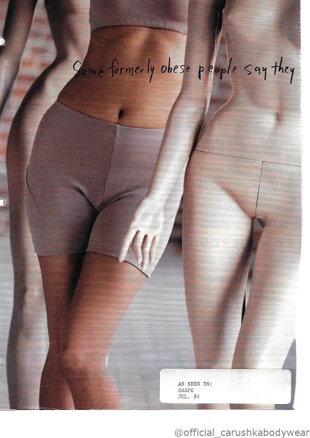 A 1994 Shape Magazine feature showcasing Carushka’s signature Jodphur bike shorts and bodywear. This archival image highlights the brand's influence on 90s fitness trends.