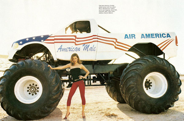 Supermodel Kate Moss in 1997 Harper's Bazaar wearing Carushka Capri in Red. Kate Moss poses in a halter top, Carushka Carpi leggings and red heals in front of a monster truck that read "American Male." Carushka Bodywear was a female owned fitness apparel company, her garments graced the covers of magazines, TV and Film for decades. Discover the The Lost History Found of Carushka Bodywear.