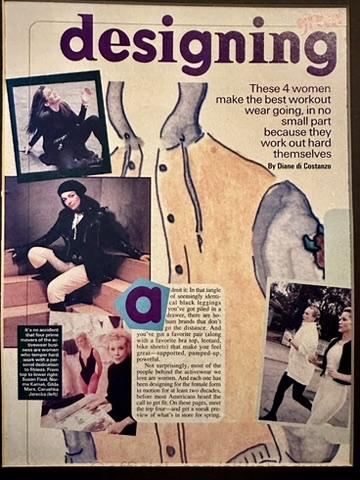 A 1995 Fitness Magazine editorial page titled "Designing," featuring four prominent activewear designers, including Carushka Jarecka. The layout shows Carushka in a black ensemble alongside text discussing her "Architect of Movement" philosophy.