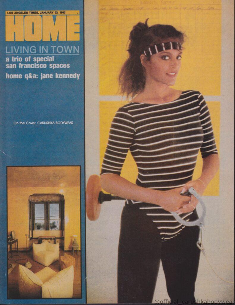 Front cover of the LA Times Magazine from January 23, 1983, featuring Carushka fitness wear. The image captures the early 80s Los Angeles athletic boom, highlighting Carushka Jarecka's influence on the city's fashion and workout culture.