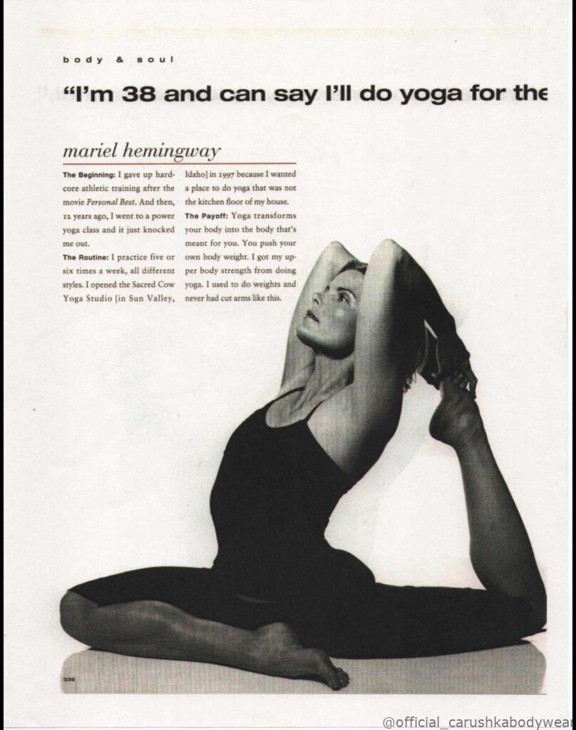 Mariel Hemingway strikes a gorgeous yoga pose while wearing Carushka Lady Jane Camisole Top and slit capri tight leggings.