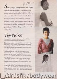 A "Top Picks" editorial page from Shape Magazine, January 1994, featuring Carushka bodywear in a curated list of high-quality fitness apparel.