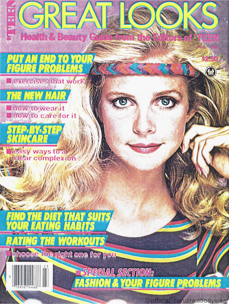 he 1982 cover of Teen Great Looks magazine featuring a model in a signature Carushka striped leotard. This early 80s image highlights the brand's immediate popularity with the youth market and the iconic boat-neck striped silhouette.