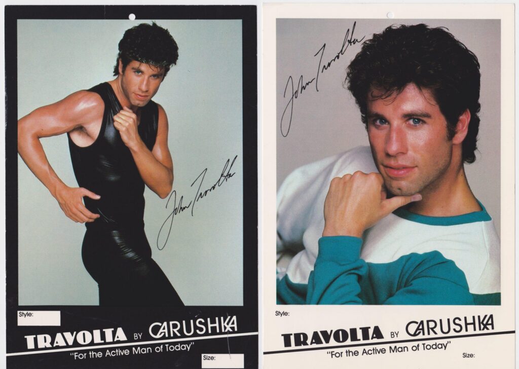 Left image (Black Cire Tank and Bootleg pants): Travolta by Carushka vintage catalog promo photo featuring John Travolta modeling a black sleeveless bodywear suit signed by Travolta. Right image (Turquoise and White Sweatshirt): Travolta by Carushka promotional headshot card featuring John Travolta in a turquoise and white sweatshirt signed by Travolta. Both images were used as hangtags for the Travolta by Carushka collection.