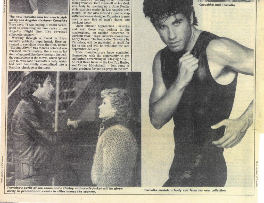 The second half of a July 1983 feature article in Daily News Record (DNR) focusing on Carushka Jarecka. The text details her business expansion and the industry's reception of her high-fashion approach to activewear.