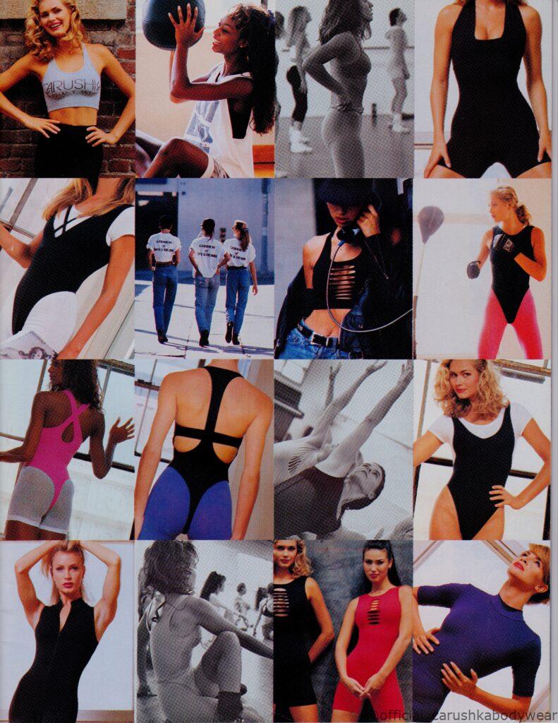 Carushka Bodywear collage. The image shows a 4 x 4 collage of various Carushka Bodywear workout clothes circa 1990. The garments range from sports bra, halter unitards, cross back leotards, leggings and bike shorts. This is Carushka Bodywears transition from workout clothing to gym to street wear and althleisure.