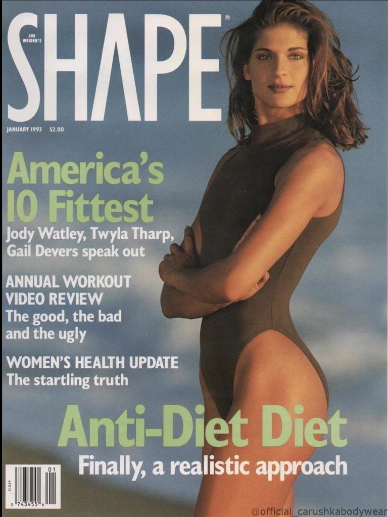 Carushka Bodywear as seen on Gabrielle Reece on the cover of Shape Magazine, 1993. Gabby Reece is wearing a brown turtleneck Carushka Bodywear leotard
