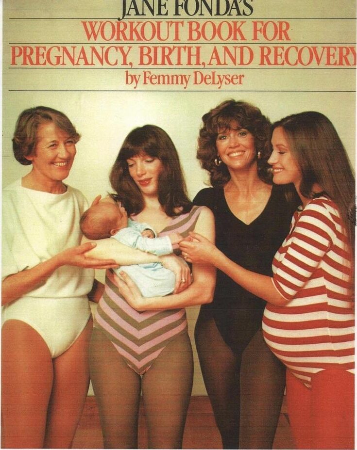 Early 80's book cover of "Jane Fonda's Workout Book for Pregnancy, Birth, and Recovery" by Femmy DeLyser, featuring four pregnant women in a studio setting. Two of the women showcase Carushka Bodywear's iconic engineered mitered stripe collection in a bold red and white colorway, including the #517 and #510 maternity-support athletic silhouettes. The imagery highlights the brand's superior stretch engineering, high-performance cotton/lycra fabric, and functional maternity design.