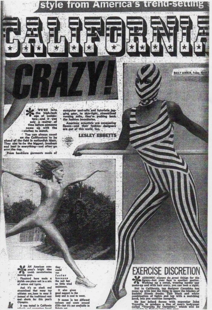 Vintage press clipping from the Daily Mirror, March 7, 1980, titled "California Crazy!" featuring early avant-garde Carushka Bodywear striped unitards and announcing the "Travolta By Carushka" men's fitness line.